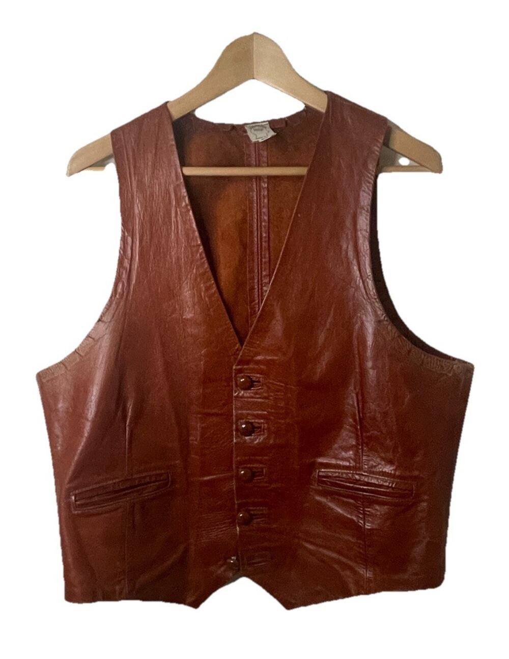 VTG 60s 70s Georgetown Leather Design Vest Cowboy Biker Moto Cognac Brown 42-44
